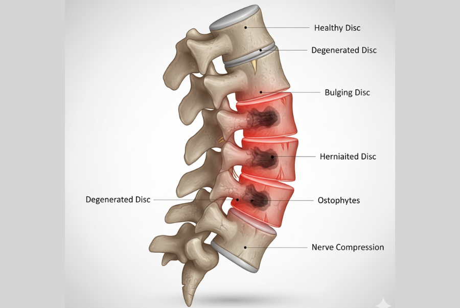 Medical illustration of degenerative disc disease in lower back
