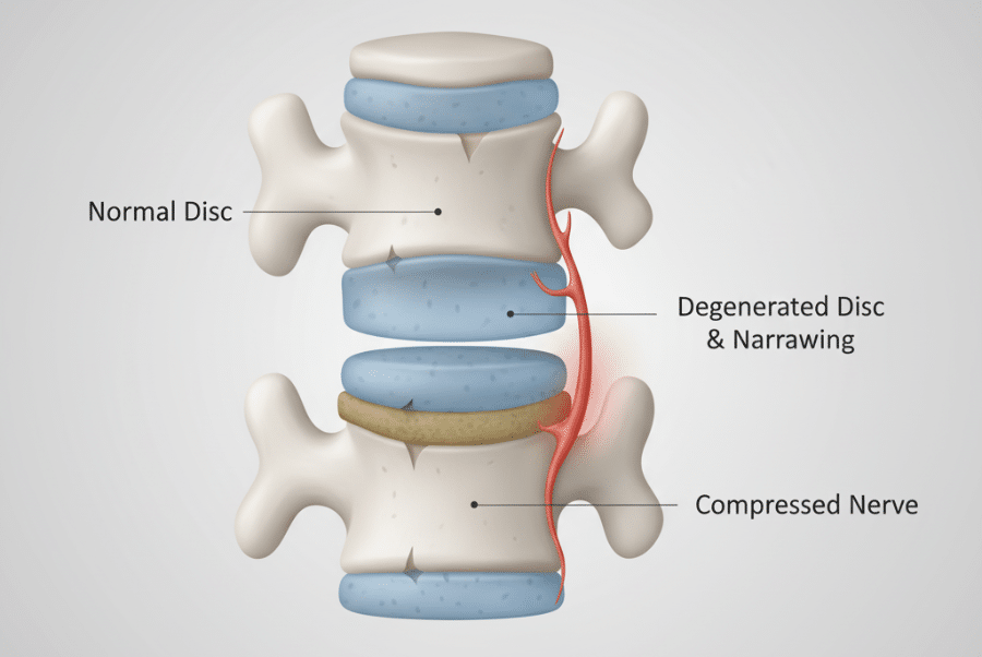 Medical illustration showing degenerative disc wear and spinal stenosis