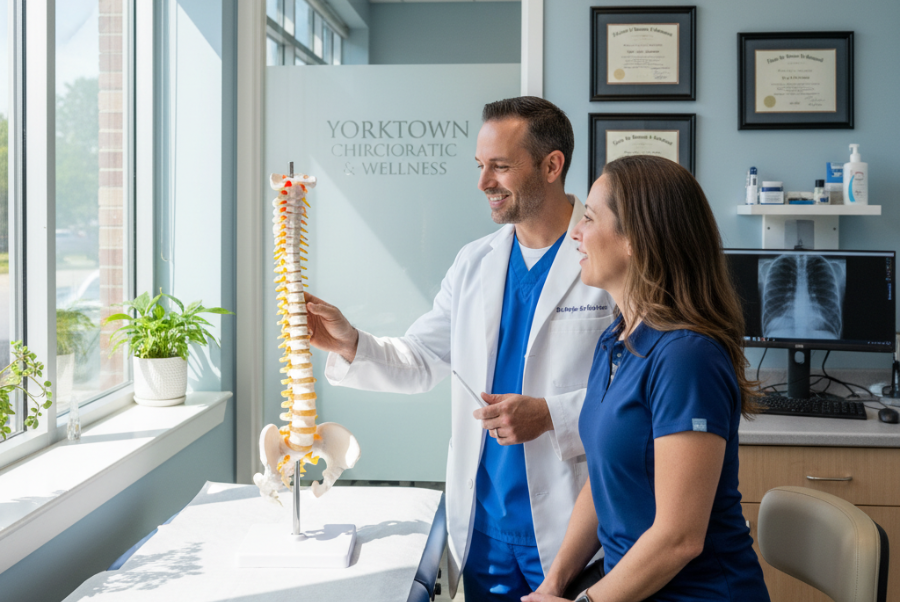 Chiropractor in Yorktown VA explaining degenerative spinal conditions to patient