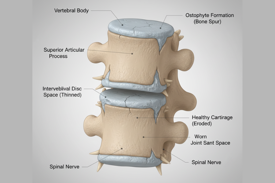 Spinal osteoarthritis diagram showing cartilage thinning