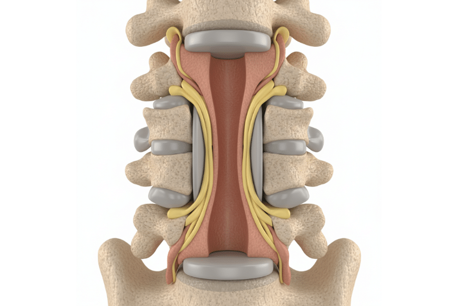 “Medical illustration of spinal stenosis showing narrowed spinal canal