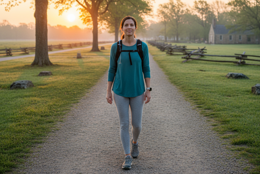 Walking at Yorktown Battlefield for gentle disc recovery movement