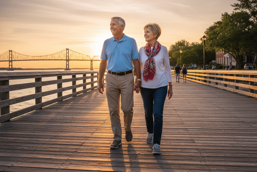 Yorktown VA seniors staying active walking Riverwalk despite spinal stenosis