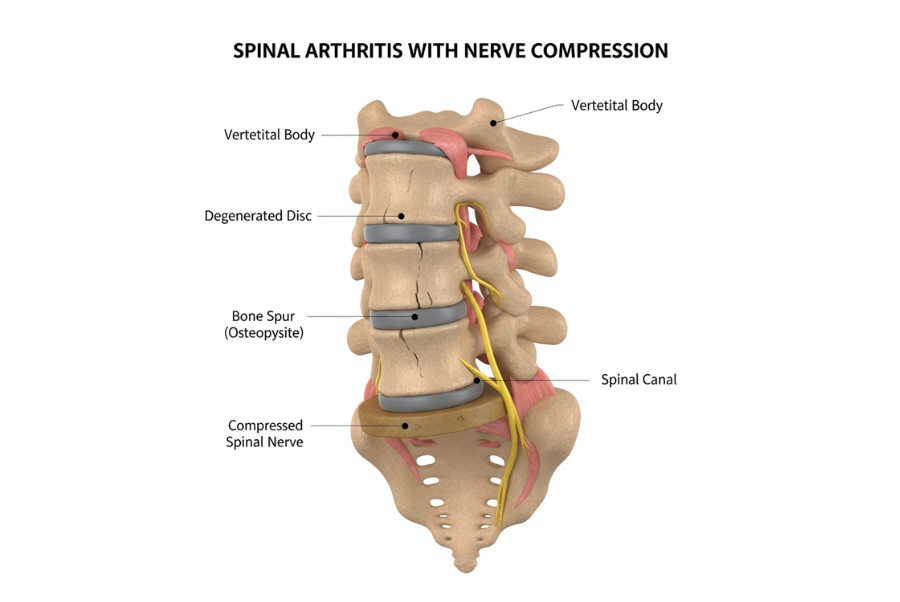 Illustration showing arthritis and bone spurs causing spinal narrowing