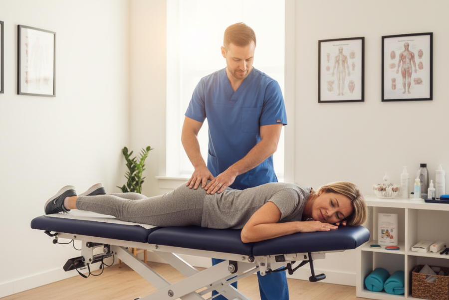 Chiropractor giving gentle adjustment for back pain due to spinal stenosis