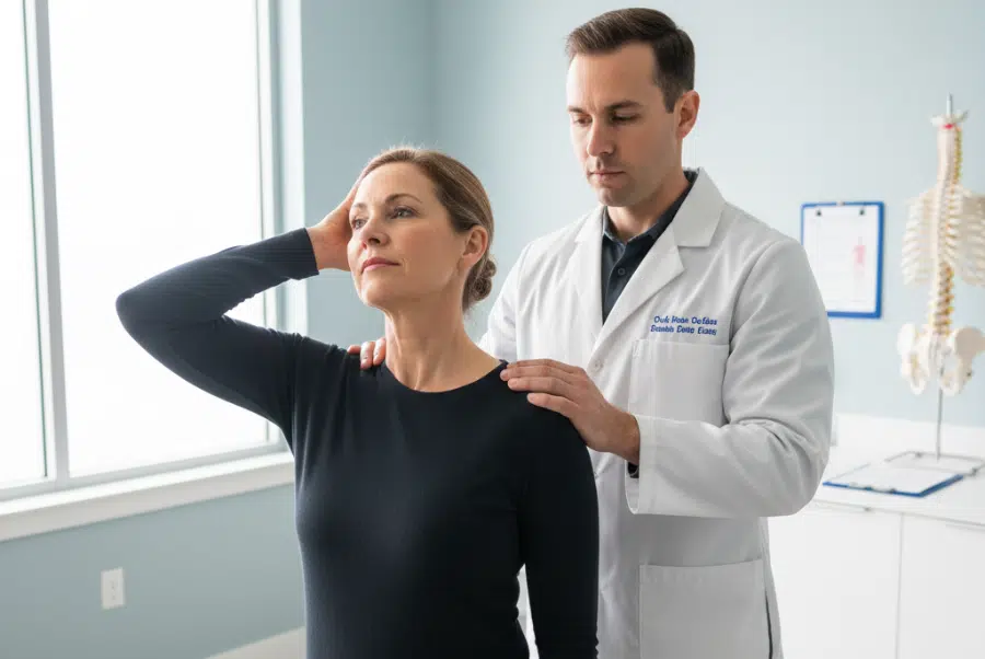 Chiropractor helping patient relieve stiff neck from whiplash in Yorktown VA