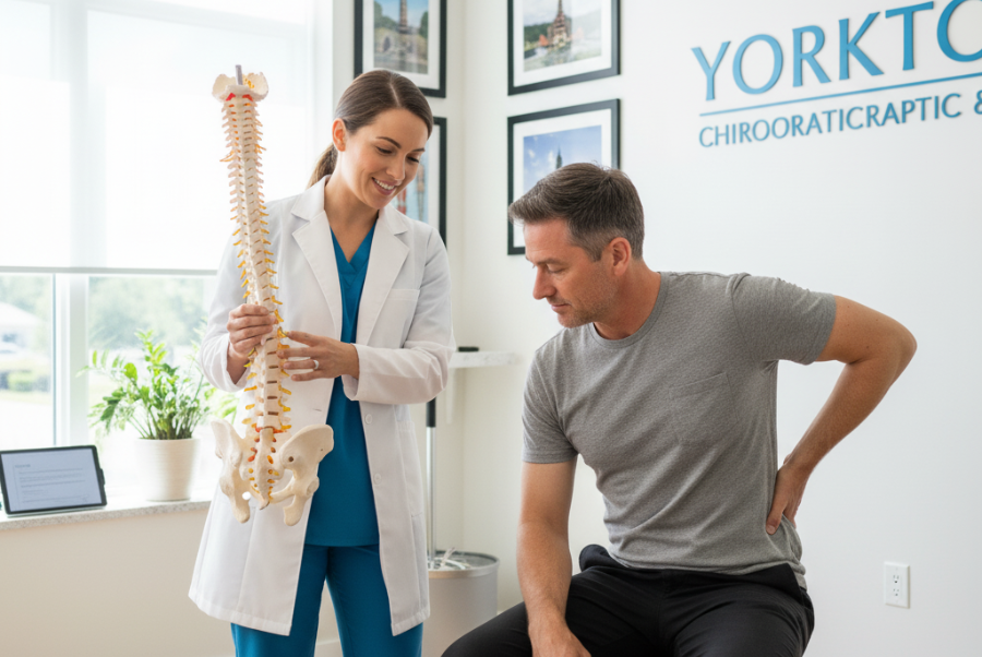 Chiropractor explaining spinal narrowing causes Yorktown VA