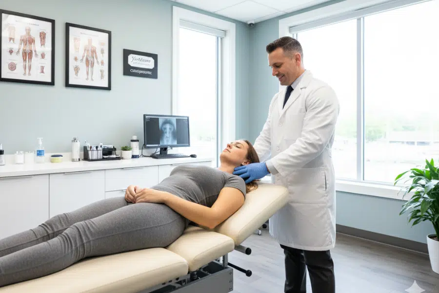 Chiropractor examining patient’s neck for whiplash injury symptoms in Yorktown VA