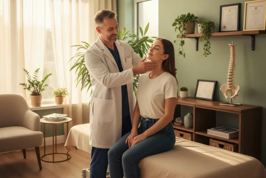 Chiropractor in Yorktown VA examining patient with neck pain after an accident