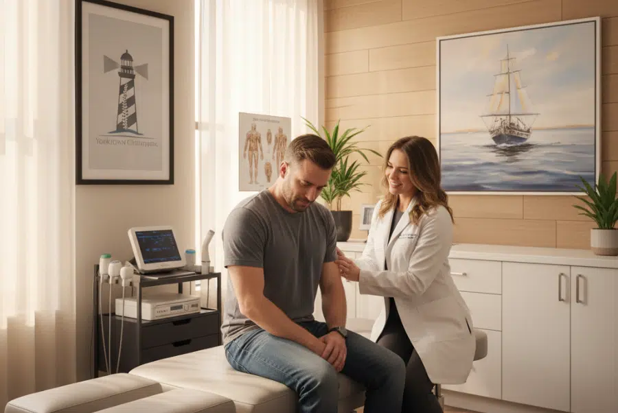 Patient with neck pain after car accident receiving whiplash evaluation in Yorktown VA