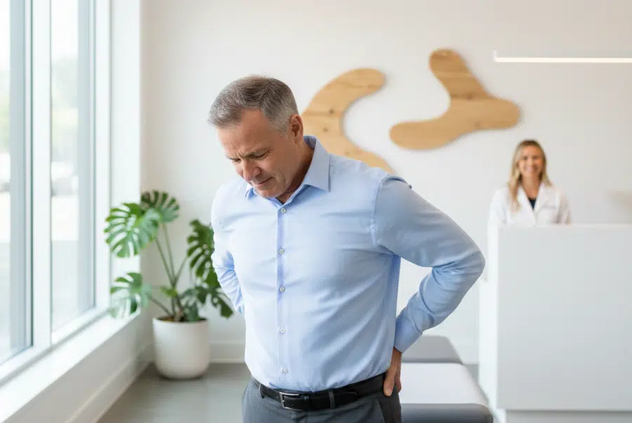 Patient with lower back pain visiting a chiropractor for back conditions in Yorktown VA