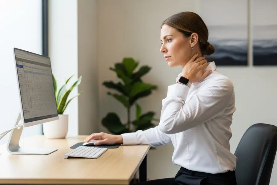 Office worker experiencing posture problems and neck tension before chiropractic care in Yorktown VA