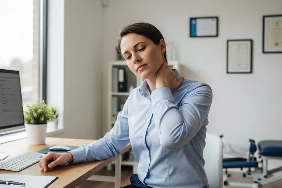 Office worker experiencing neck and posture problems treated by chiropractors in Yorktown VA