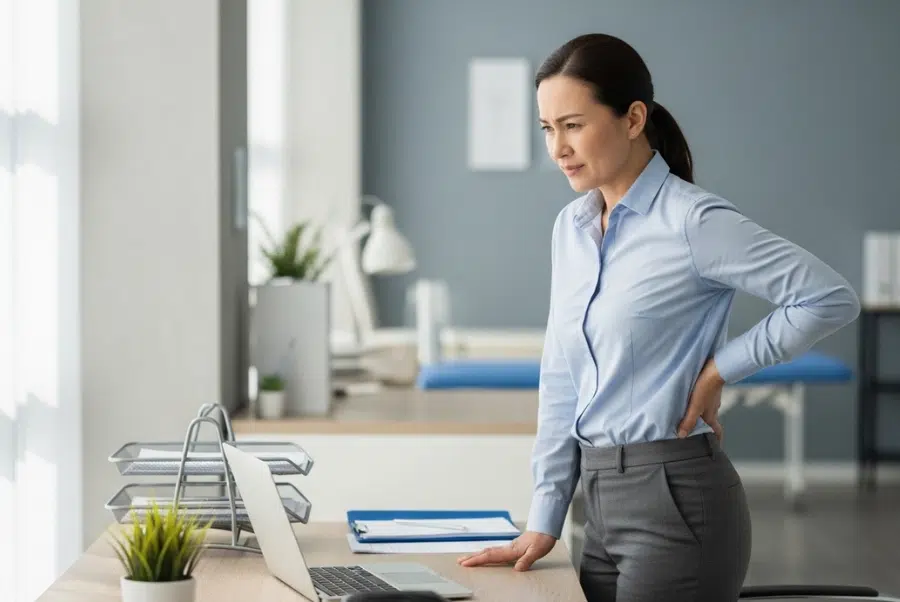Office worker back pain caused by long sitting hours at desk