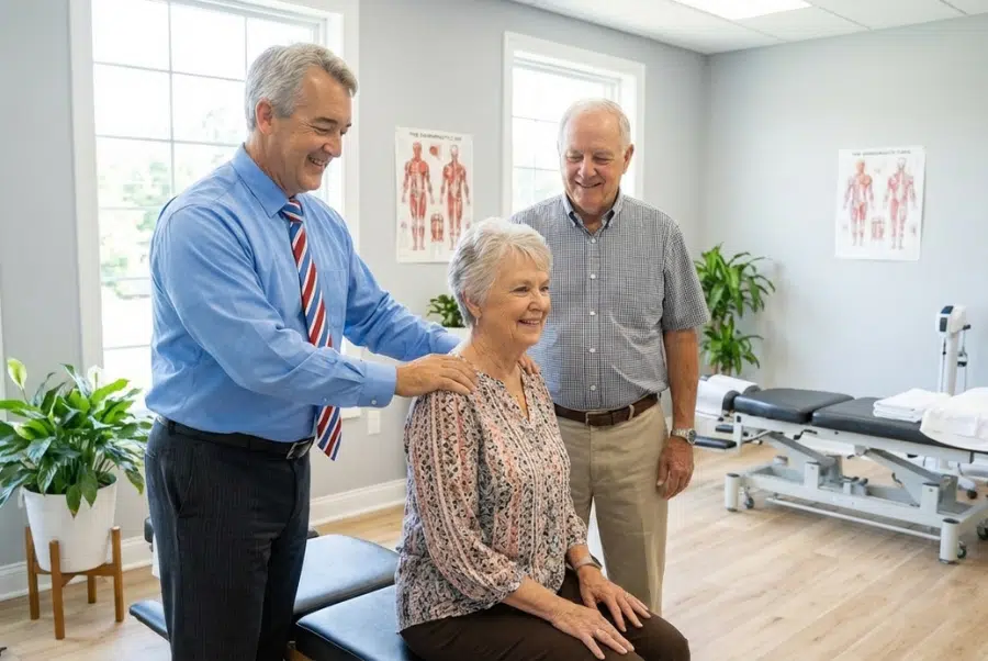 senior couple receiving gentle chiropractic care in Yorktown VA clinic (chiropractic benefits for seniors)