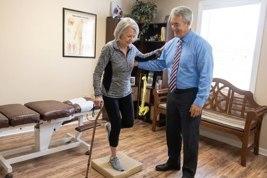 chiropractor helping senior improve balance and stability in Yorktown VA clinic