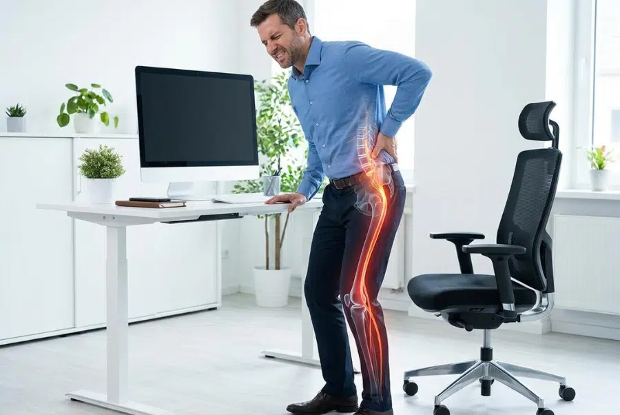 Office worker experiencing nerve compression and lower back discomfort related to causes of sciatica pain