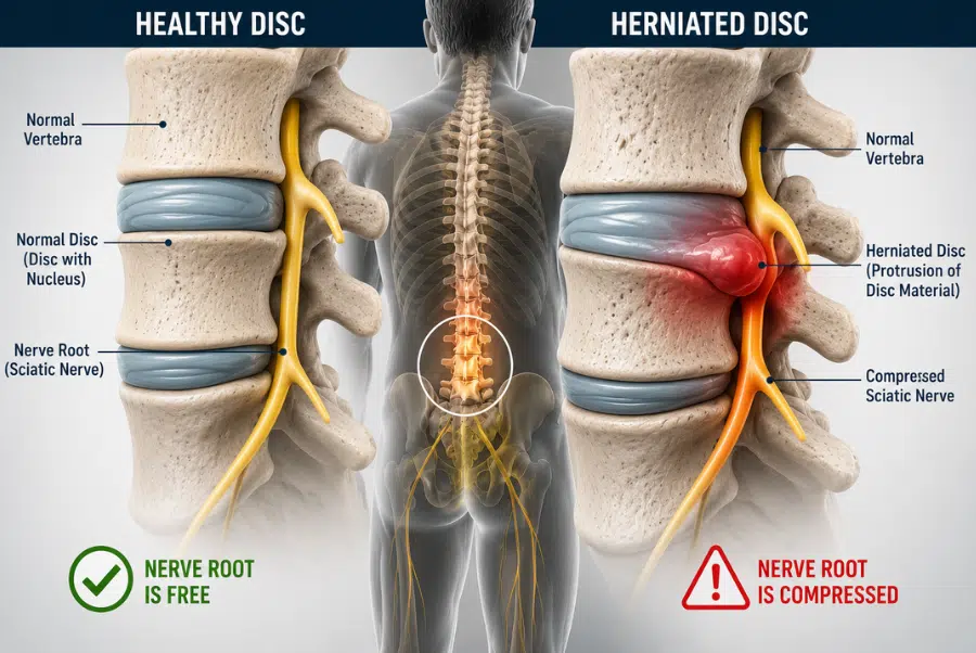 Herniated disc causing sciatic nerve compression and lower back nerve pain