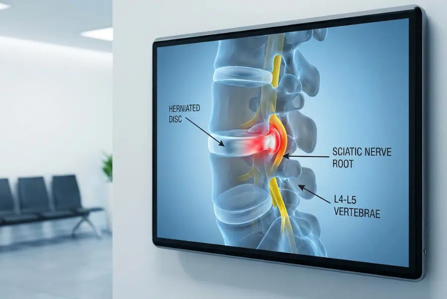 Herniated disc causing sciatic nerve compression and radiating leg pain