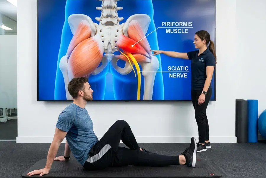Piriformis syndrome causing sciatic nerve irritation in the hip and buttock area