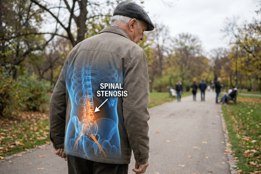 Lumbar spinal stenosis causing nerve compression and chronic sciatica symptoms