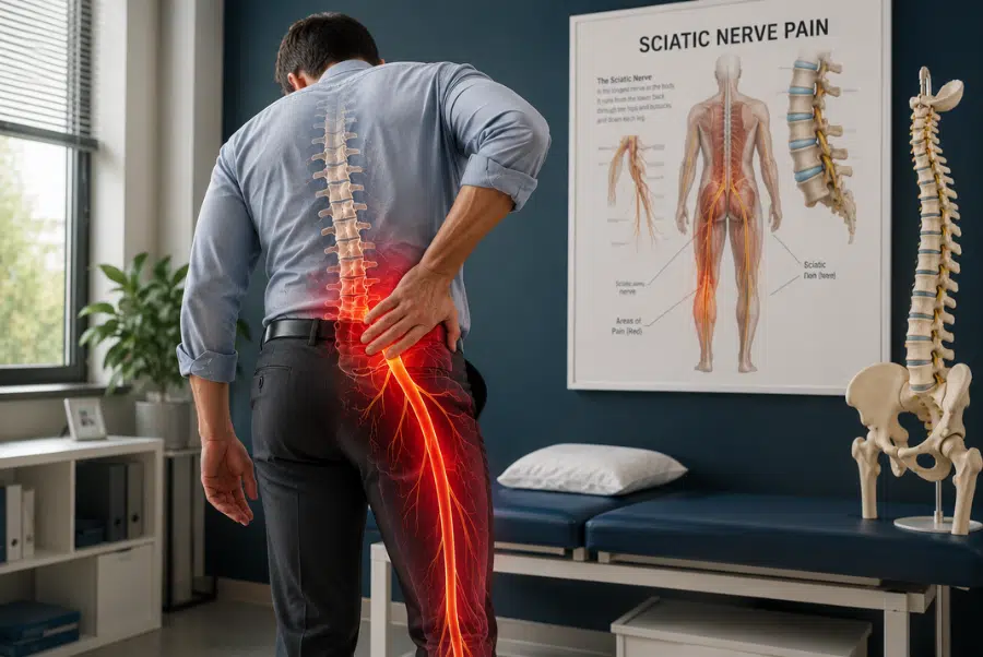What is sciatica nerve pain illustrated through a male patient experiencing lower back pain and radiating leg discomfort in a modern rehabilitation clinic