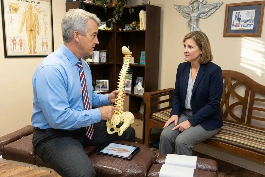 Patient discussing sciatica treatment options with a chiropractor in Yorktown VA
