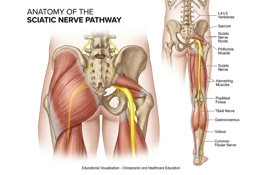 Illustration showing the sciatic nerve and common causes of sciatica pain
