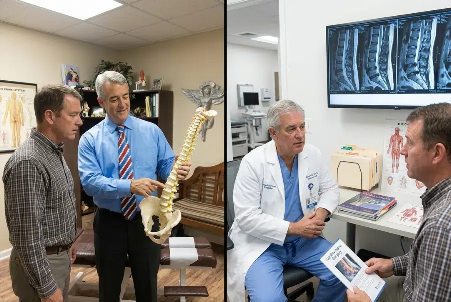 Office worker comparing chiropractor vs surgery for sciatica treatment options during a healthcare consultation