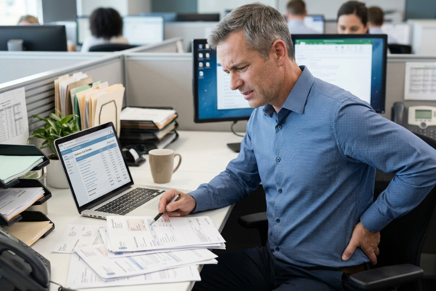 Office worker researching sciatica treatment cost and comparing healthcare expenses for sciatica relief options